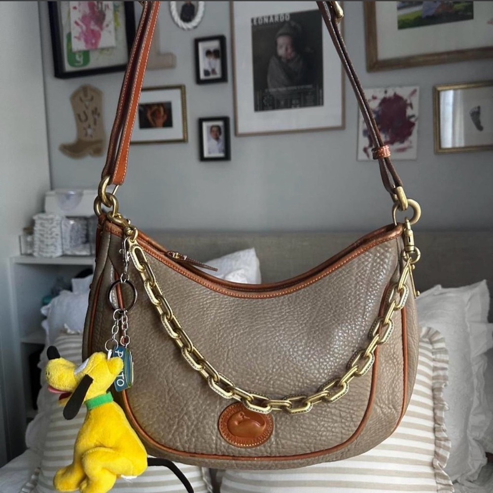 Dooney & Bourke Taupe Pebbled Leather Shoulder Bag with Brown Trim